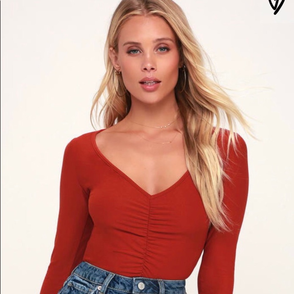 Lulus Weekend Muse Rust Red Long Sleeve Ruched Top